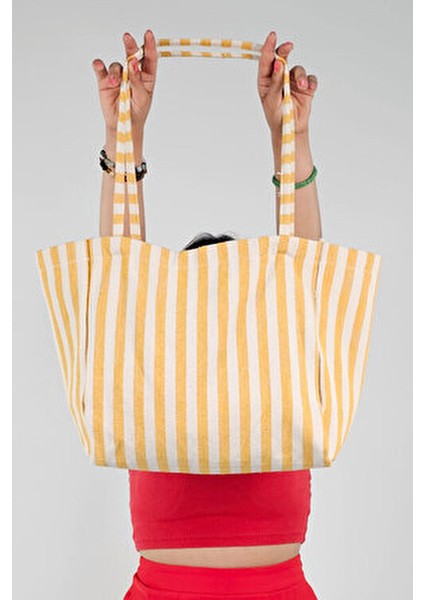 Sarı Çizgili Desen Dokuma Plaj Çantası fiyatları
