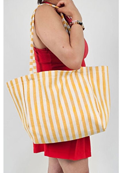 Sarı Çizgili Desen Dokuma Plaj Çantası modelleri
