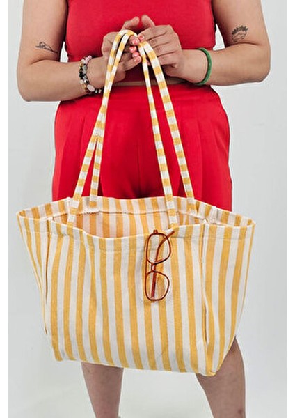 Sarı Çizgili Desen Dokuma Plaj Çantası fırsatları