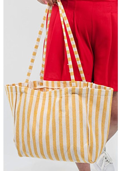 Sarı Çizgili Desen Dokuma Plaj Çantası