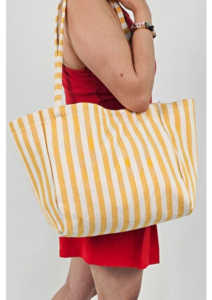 Sarı Çizgili Desen Dokuma Plaj Çantası