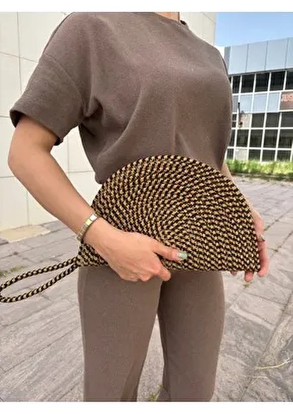 Fermuarlı Hasır Jüt Vegan Clutch Çanta Düz Desenli Kadınlar İçin Basic Koleksiyon