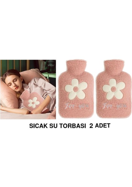 2 Adet Sıcak Su Torbası Peluş Papatya Desenli Pembe 21X13,5X2CM 500 ml