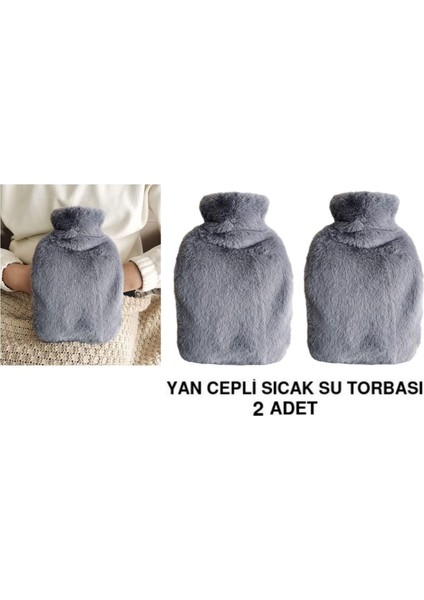 2 Adet Sıcak Su Torbası Yan Cepli Gri Peluş Termofor 27X17X2CM 1 Litre
