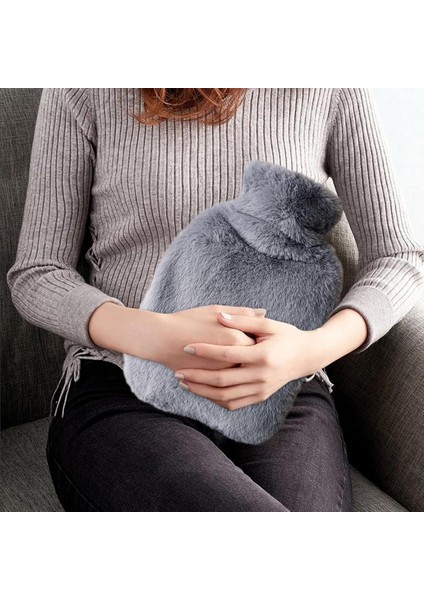 2 Adet Sıcak Su Torbası Yan Cepli Gri Peluş Termofor 27X17X2CM 1 Litre