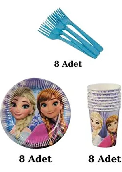 Elsa Lı 8 Kişilik Tabak Bardak Çatal Seti 21 cm Renkli Karlar Ülkesi Temalı