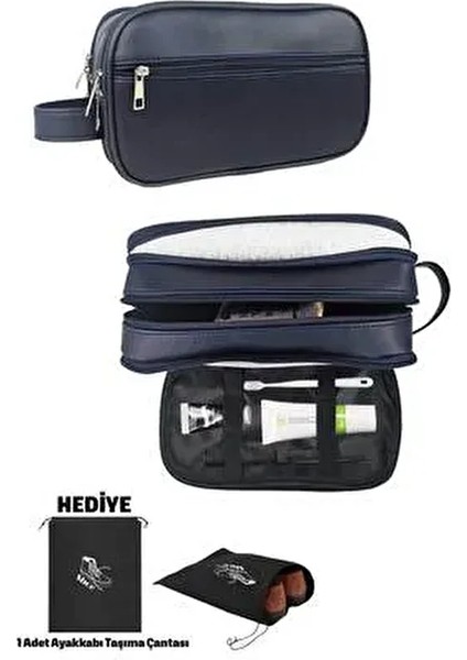 Erkek Kozmetik El Çantası Lacivert Renk Suya Dayanıklı Süet Deri Orta Boy