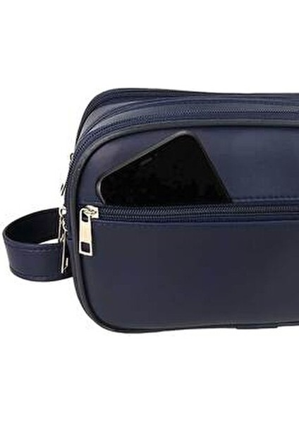 Erkek Kozmetik El Çantası Lacivert Renk Suya Dayanıklı Süet Deri Orta Boy indirimleri