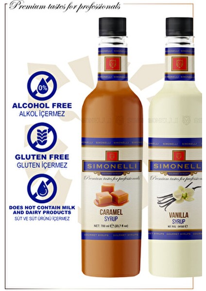 Kahve ve Kokteyl Şurubu 700 ml 4'lü Set Karamel+Vanilya+Çikolata+Beyaz Çikolata + 4 Adet Pompa