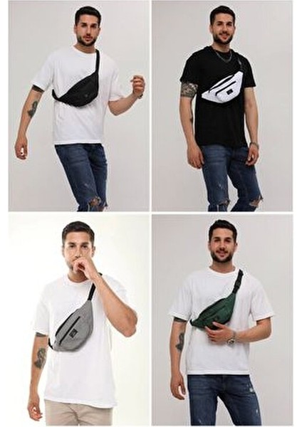 Unisex 4'lü Paket Siyah, Gri, Beyaz, Haki 2 Bölmeli Omuz ve Bel Çantası