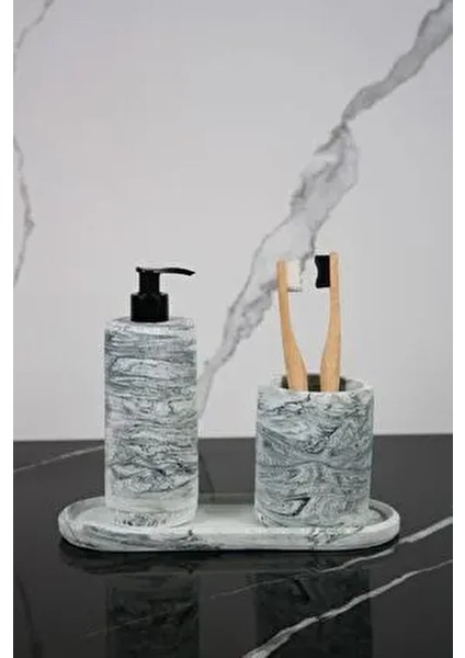 3 Parça Mermer Desenli Beton Banyo Seti Sıvı Sabunluk Diş Fırçalık Sunum Tepsisi