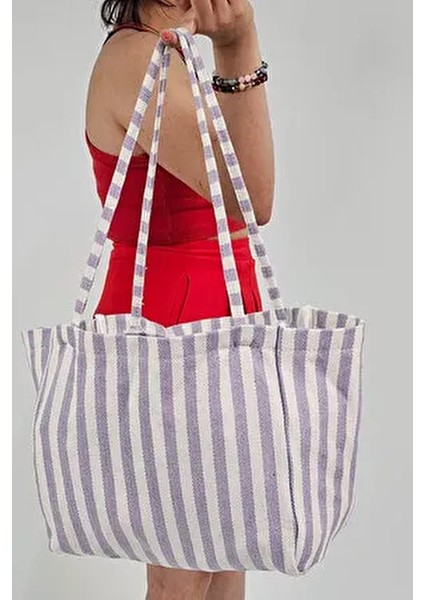 Woys Lila Renk Çizgili Desen Dokuma Plaj Çantası