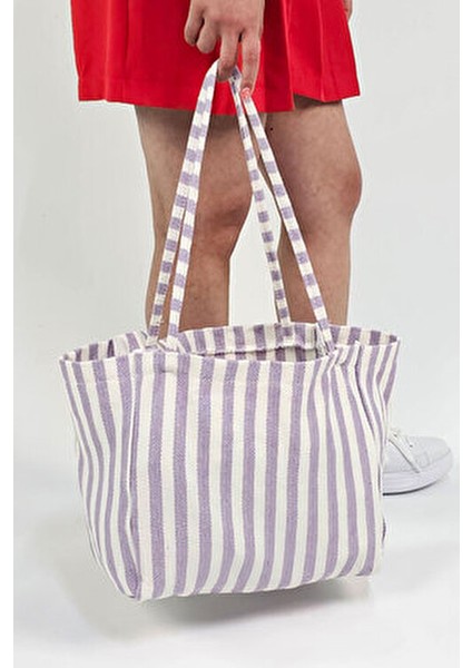 Woys Lila Renk Çizgili Desen Dokuma Plaj Çantası fiyatları