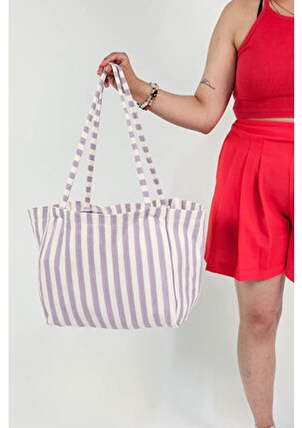 Woys Lila Renk Çizgili Desen Dokuma Plaj Çantası modelleri