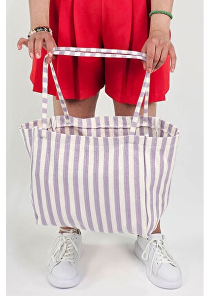 Woys Lila Renk Çizgili Desen Dokuma Plaj Çantası fırsatları