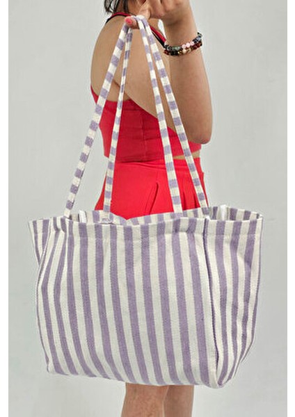 Woys Lila Renk Çizgili Desen Dokuma Plaj Çantası indirimleri