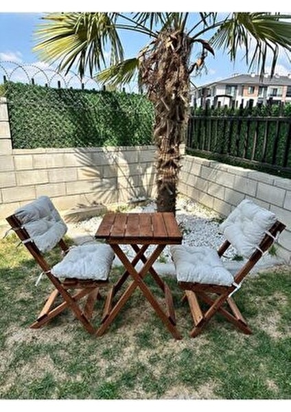 By Utkan Keskin Minderli Balkon Bahçe Mutfak 3lü Bistro Set Katlanır Masa Sandalye 50*50 Krem
