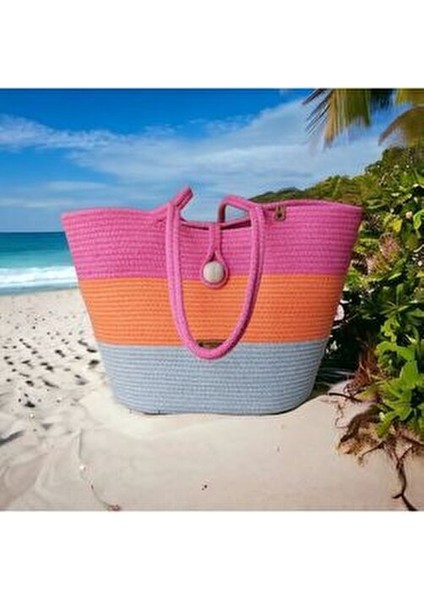 Kadın Plaj Çantası Düz Desenli El Yapımı Tekstil Yaz Koleksiyonu