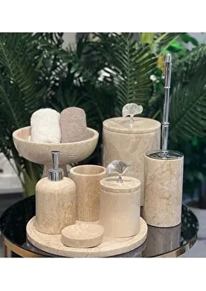 Doğal Traverten Mermer Yaprak Detaylı 7li Mermer Banyo Seti / Kase Dahil Değildir