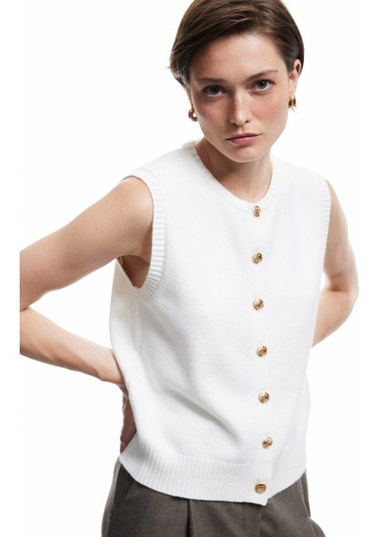 Kolsuz Bisiklet Yaka Düğmeli Triko Yelek