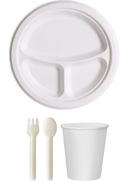 Ekolojik 26 Cm. 3 Bölmeli 24 Kişilik Parti Piknik Sofra Sunum Seti -Tabak Bardak Çatal Kaşık Takımı