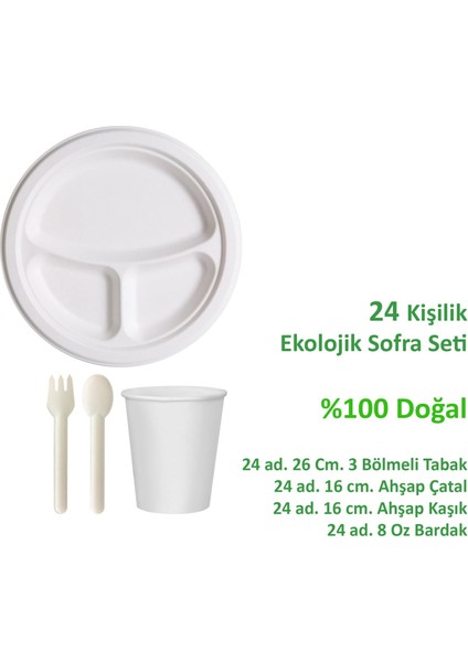 Ekolojik 26 Cm. 3 Bölmeli 24 Kişilik Parti Piknik Sofra Sunum Seti -Tabak Bardak Çatal Kaşık Takımı fiyatları