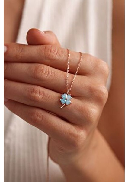 925 Ayar Gümüş Rose Kaplama 4 Yapraklı Mavi Taşlı Yonca Kolye modelleri