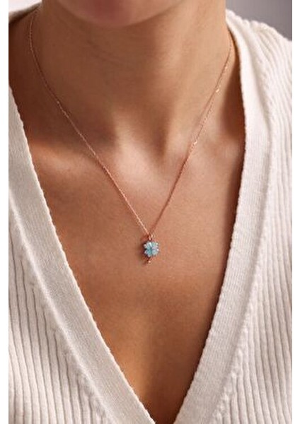 925 Ayar Gümüş Rose Kaplama 4 Yapraklı Mavi Taşlı Yonca Kolye indirimleri