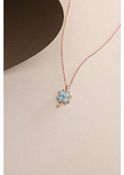 925 Ayar Gümüş Rose Kaplama 4 Yapraklı Mavi Taşlı Yonca Kolye