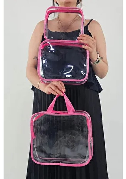 Kadın 3 Adet Pembe Renk Şeffaf Seyahat Makyaj Çantası Şeffaf Makyaj Çantası