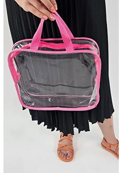 Kadın 3 Adet Pembe Renk Şeffaf Seyahat Makyaj Çantası Şeffaf Makyaj Çantası fiyatları