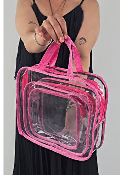 Kadın 3 Adet Pembe Renk Şeffaf Seyahat Makyaj Çantası Şeffaf Makyaj Çantası modelleri