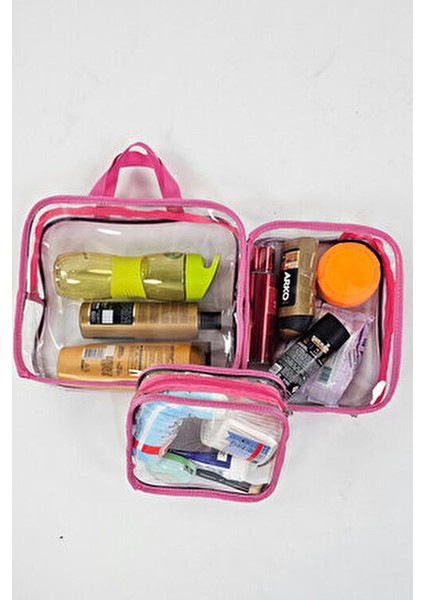 Kadın 3 Adet Pembe Renk Şeffaf Seyahat Makyaj Çantası Şeffaf Makyaj Çantası