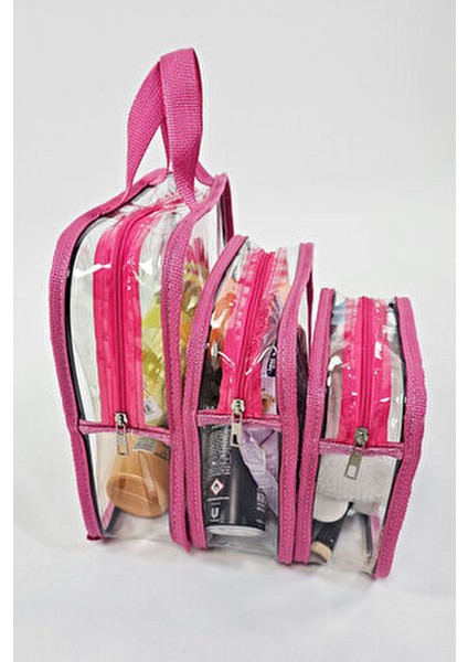 Kadın 3 Adet Pembe Renk Şeffaf Seyahat Makyaj Çantası Şeffaf Makyaj Çantası