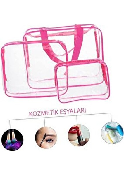 Kadın 3 Adet Pembe Renk Şeffaf Seyahat Makyaj Çantası Şeffaf Makyaj Çantası