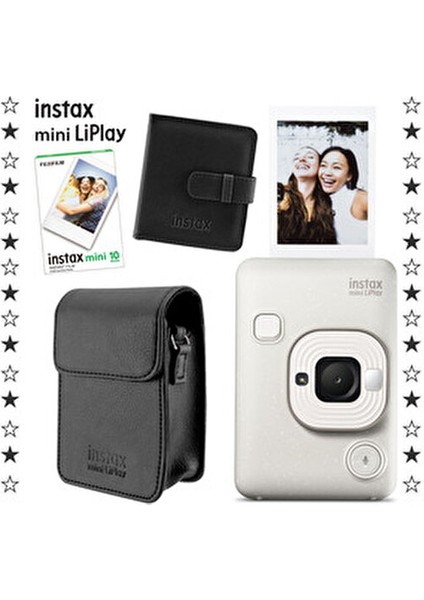 Instax Mini Liplay Hybrid Misty White Fotoğraf Makinesi 10'lu Film Albüm ve Deri Kılıf Hediye Seti