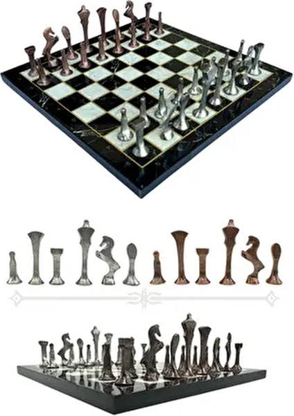 MC54 - Metal Satranç Takımı - 25CM Mermer Desenli Satranç Tahtası - Sertifikalı Antik Metal Taşlar