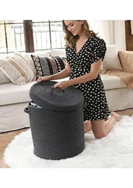 Hasır Jüt Sepet Siyah Renkli 40x35 Boyutlarında Çok Amaçlı Banyo Havlu Kirli Oyuncak Düzenleyici