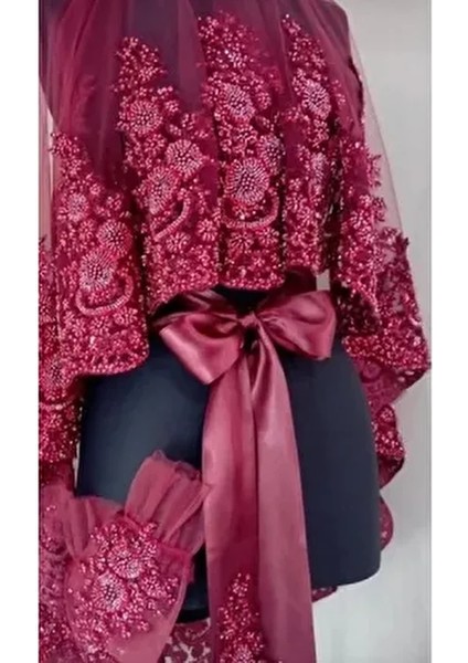 Gelin Duvağı Ağır Boncuk Işlemeli Duvak Takım Lüx Duvak Kına Malzemeleri Bordo