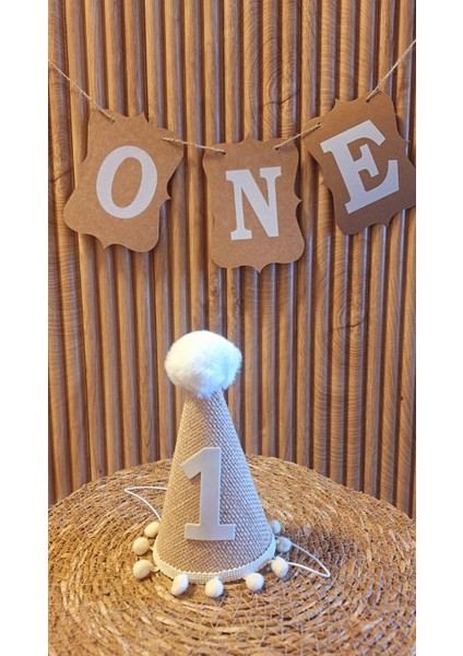 1 Yaş Şapka Jüt Kumaş Ponponlu Şapka Doğum Günü Şapkası One Şapka Ponponlu Çuval Kumaşlı