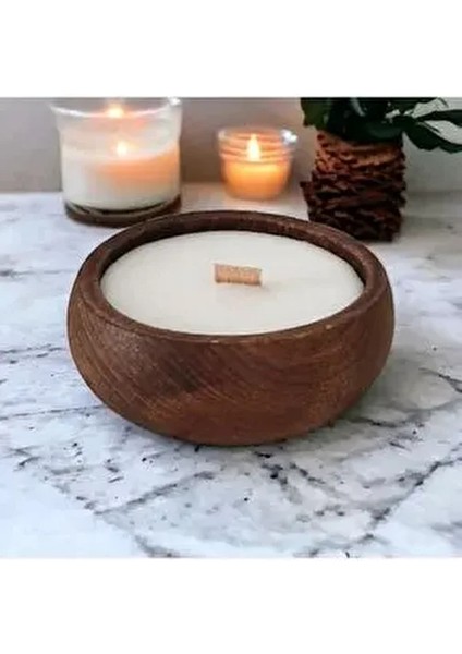 Ahşap Mumlukta Lavanta Kokulu %100 Doğal Soya Mum (9 Cm)
