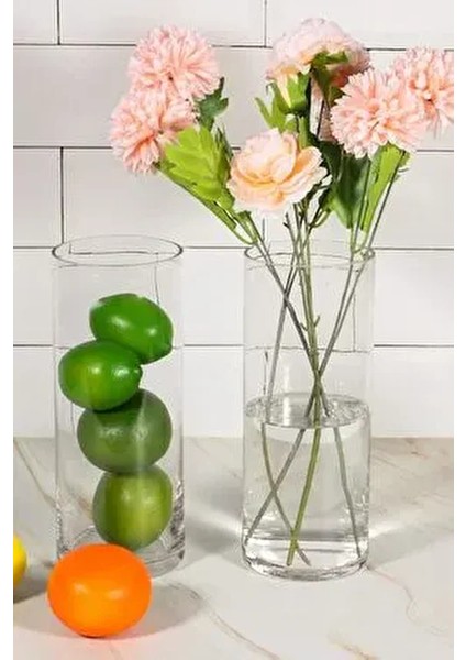 2'li Silindir Cam Vazo 20 cm Yükseklik 10 cm Genişlik El Imalatıdır