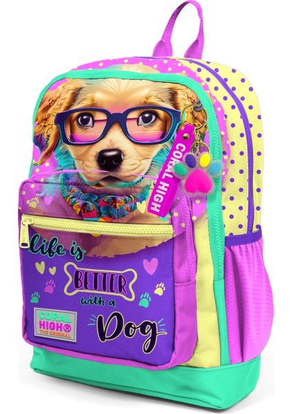Sarı Pembe Sevimli Köpek Desenli Dört Bölmeli Okul ve Günlük Kullanım Sırt Çantası 23752