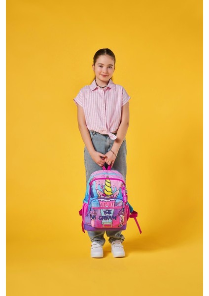 Kids Pembe Mor Milkshake ve Dondurma Desenli Su Geçirmez Ortopedik Okul Çantası 14,4 L – Kız Çocuklar İçin