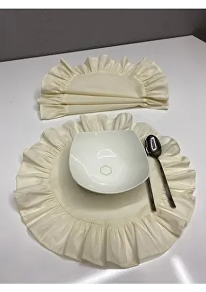Home %100 Pamuklu Bej Ham Keten Fırfırlı 6’lı Amerikan Servisi Yuvarlak 40CM