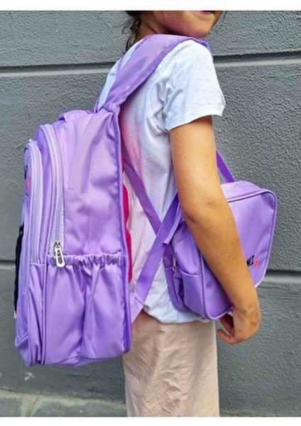 Lila Pembe Kuromı Baskılı, Su Geçirmez, Ortopedik Sırt Özellikl, Ilkokul Çantası + Beslenme Çantası