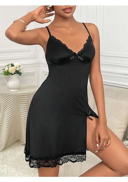 Kadın Siyah Askılı Fiyonklu Dantel Detaylı Gecelik Shine fırsatları