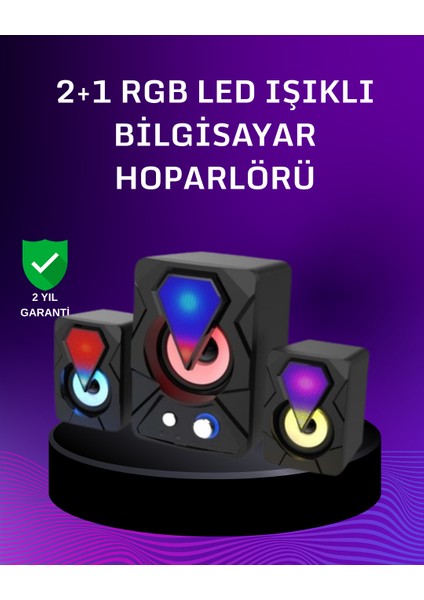 USB Bağlantılı Rgb 2.1 Hoparlör Seti Derin Bas ve Renkli Işık