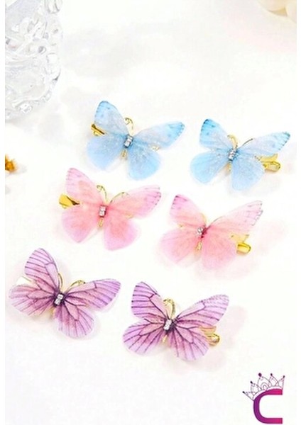6'lı Hareketli Renkli Kelebek Toka Seti 5cm - Tül Kanatlı Taşlı Kelebekli Toka Pens Klips Saç Tokası modelleri