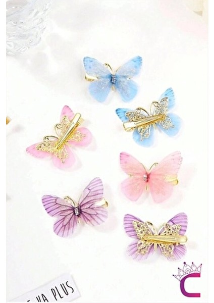 6'lı Hareketli Renkli Kelebek Toka Seti 5cm - Tül Kanatlı Taşlı Kelebekli Toka Pens Klips Saç Tokası indirimleri